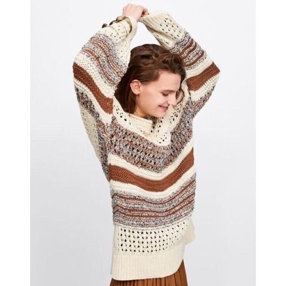 Zara XS-S Italian Yarn Cream & Brown Striped Crocheted Tunic Length Sweater - Picture 2 of 13